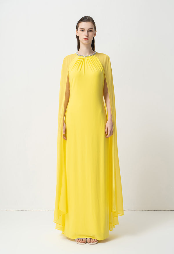 Choice Round Neck Embellished Rhinestone Maxi Dress Yellow