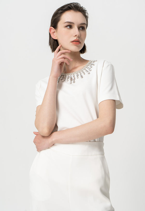 Choice Jewel Neckline Fashion Top Off White