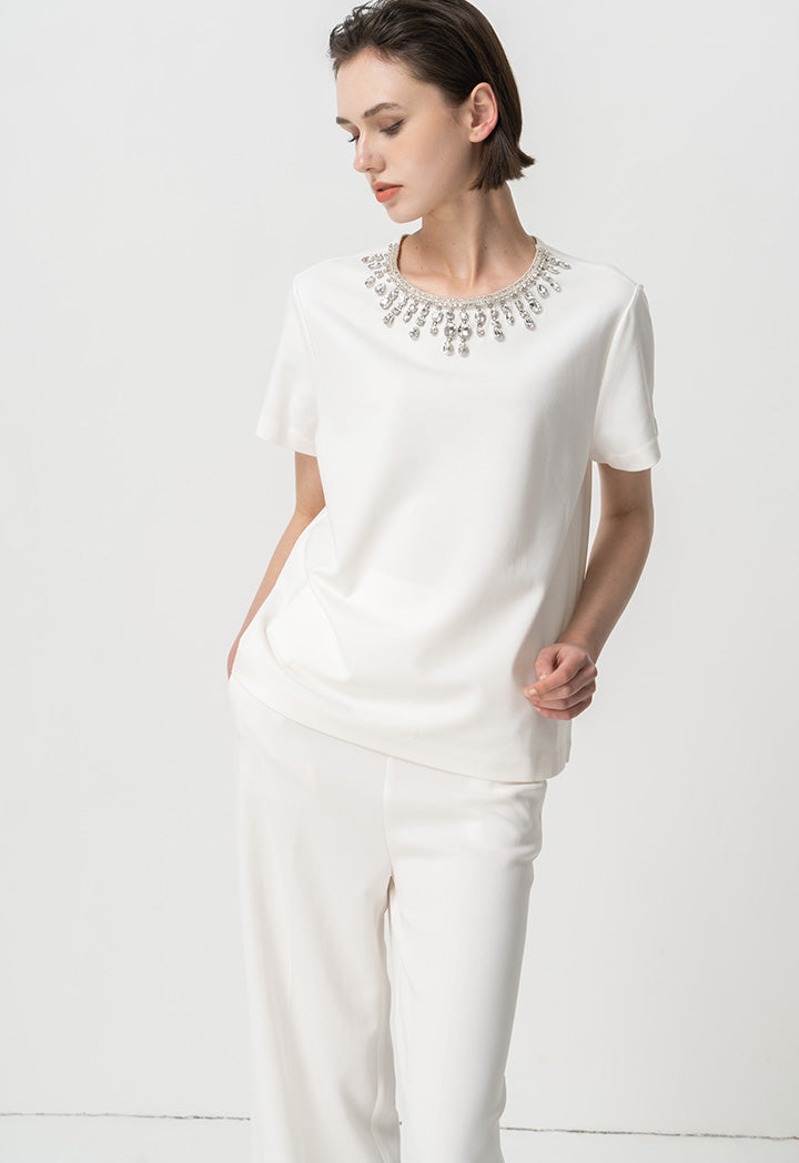 Choice Jewel Neckline Fashion Top Off White