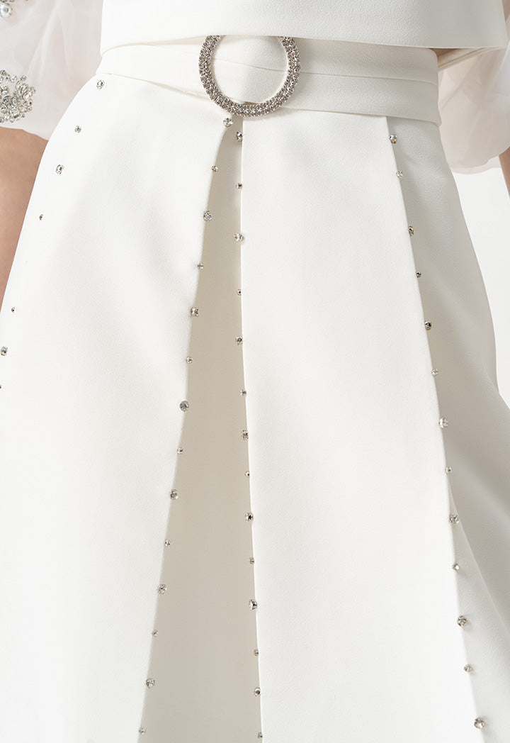 Choice Crystal Embellished Maxi Skirt With Belt Offwhite