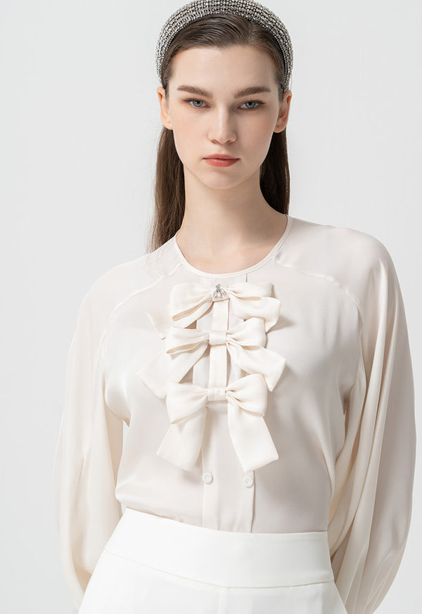 Choice Round Neck Embellished Crystal Ribbon Blouse Cream