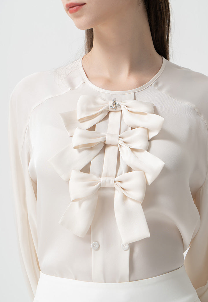 Choice Round Neck Embellished Crystal Ribbon Blouse Cream