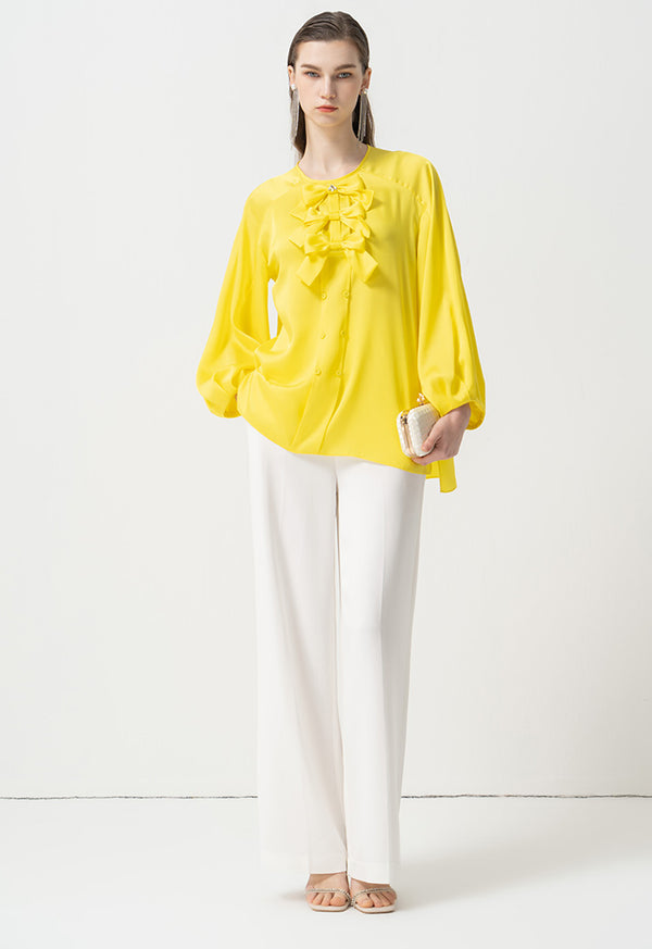 Choice Round Neck Embellished Crystal Ribbon Blouse Yellow