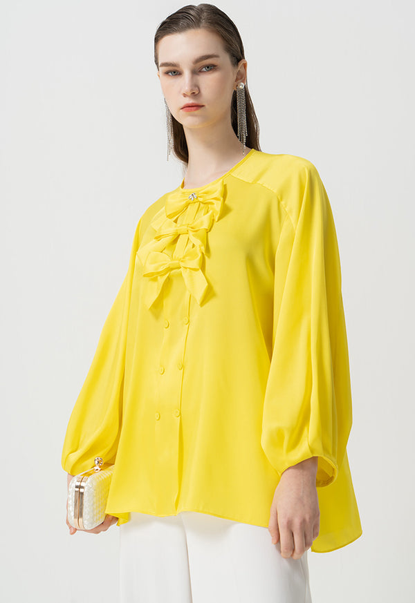 Choice Round Neck Embellished Crystal Ribbon Blouse Yellow