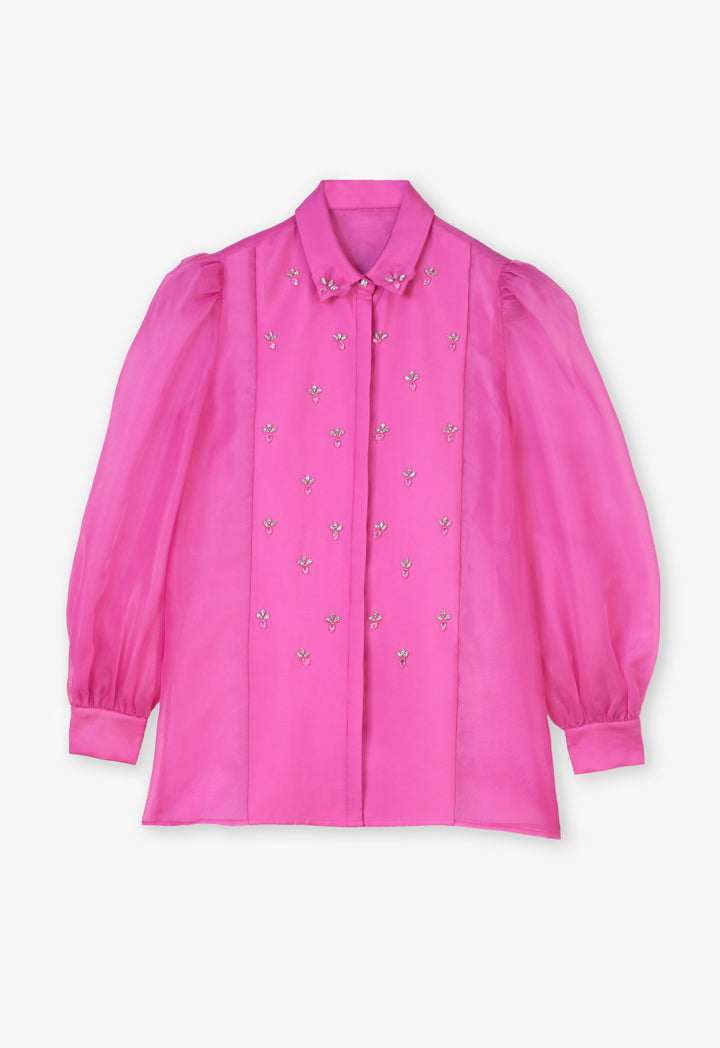 Choice Embellished Crystal Organza Shirt Fushia