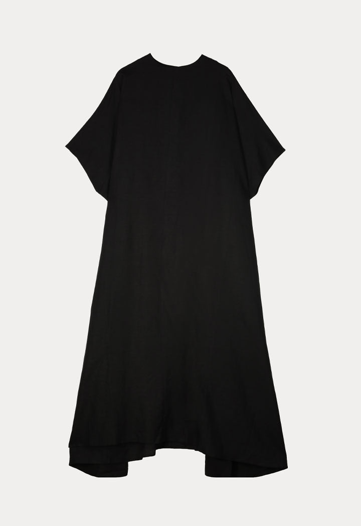 Choice Textured Linen Long Flared Dress Black