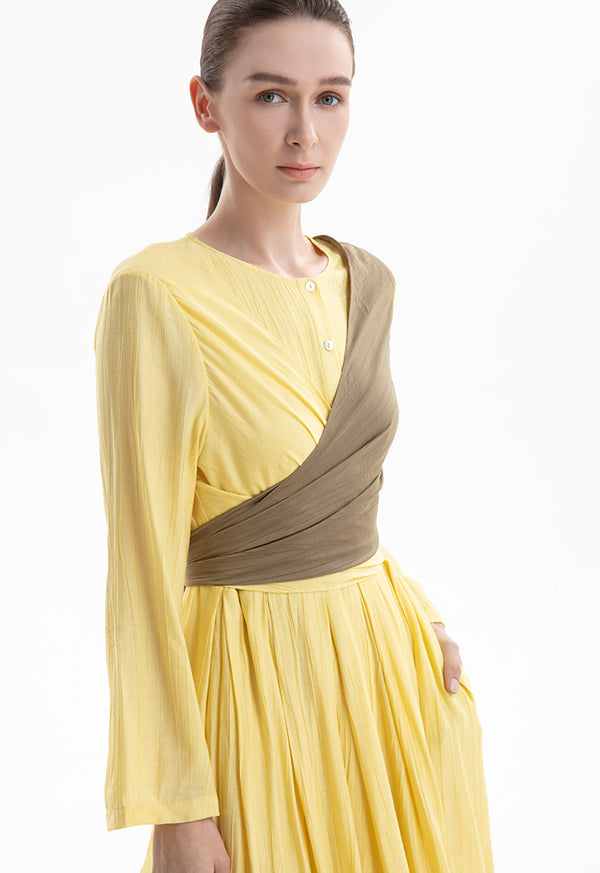 Choice Textured Maxi Dress with Long Sleeves Yellow