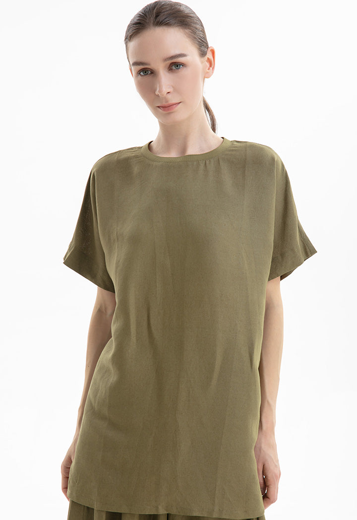 Choice Solid Basic Ribbed Crew Top Khaki