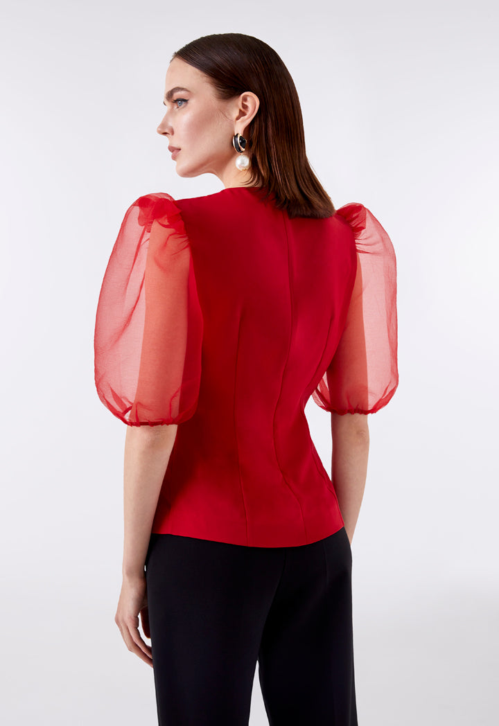 Choice Organza Puff Sleeves Blouse  Red - Wardrobe Fashion