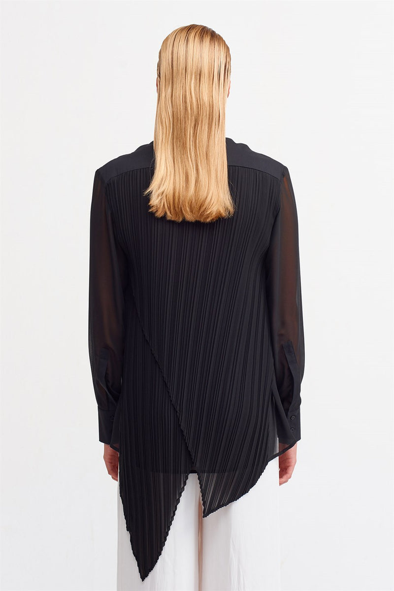 Nu Long Sleeve Back Pleated Asymmetrical Hem Blouse Black