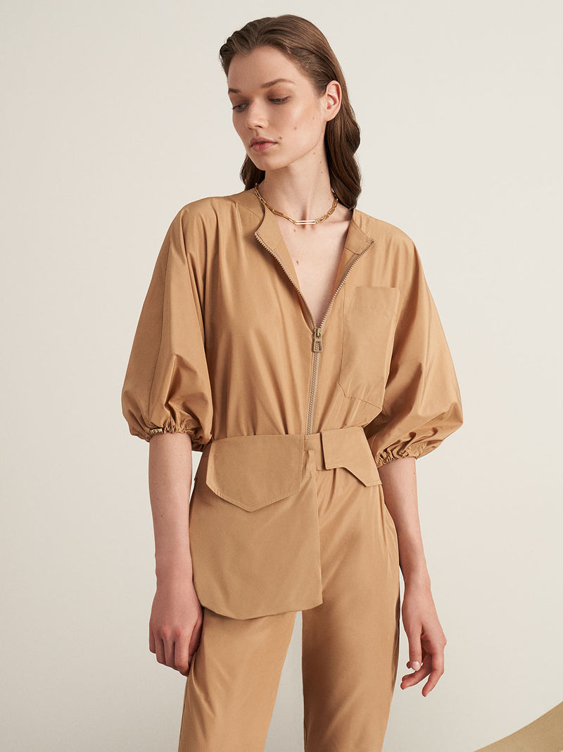 Nocturne 3/4 Sleeve Bag Belted Slit Fit Jumpsuit Beige