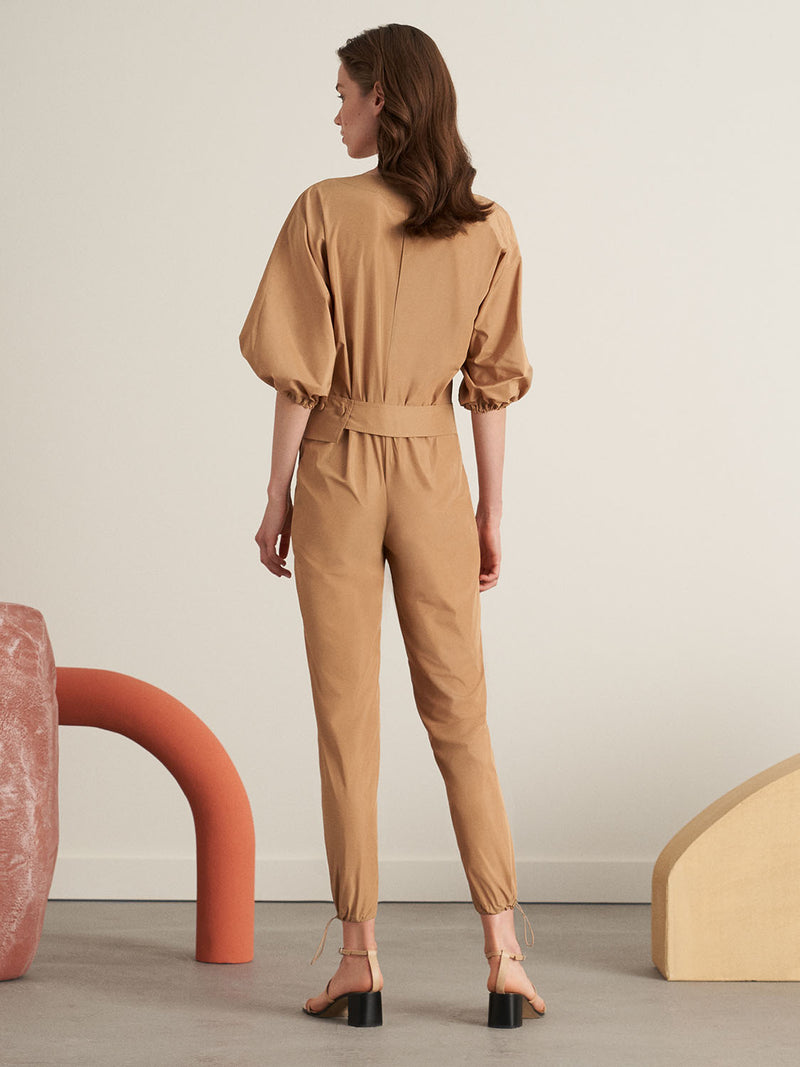 Nocturne 3/4 Sleeve Bag Belted Slit Fit Jumpsuit Beige