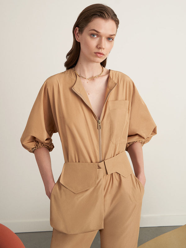 Nocturne 3/4 Sleeve Bag Belted Slit Fit Jumpsuit Beige