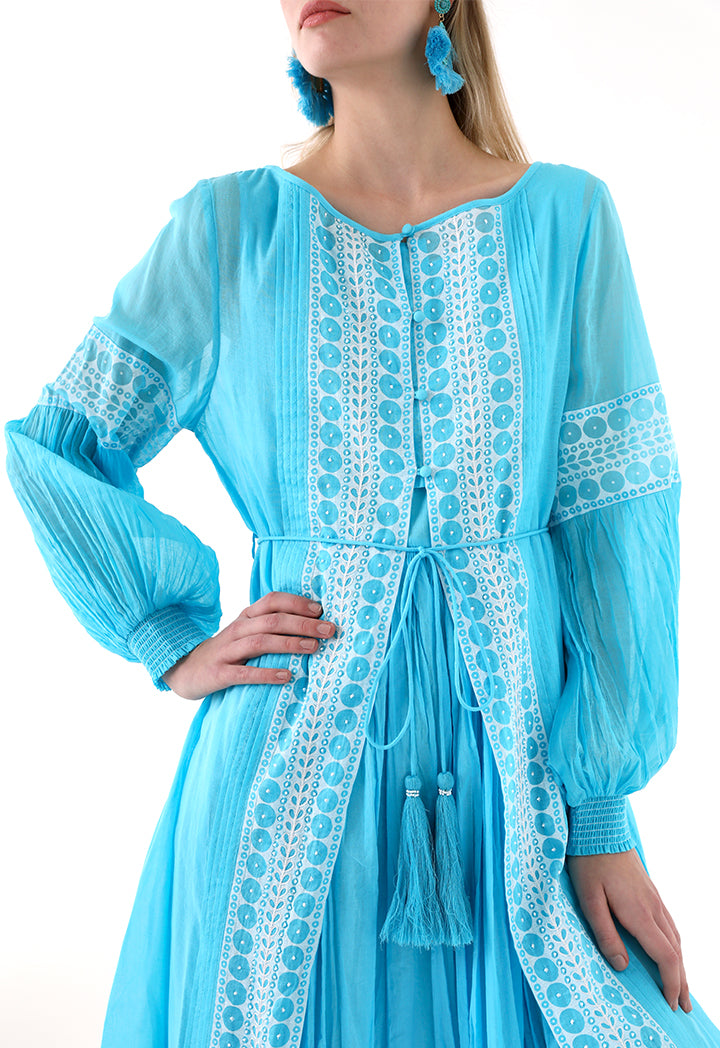 Choice Printed Beadwork Abaya Blue - Wardrobe Fashion