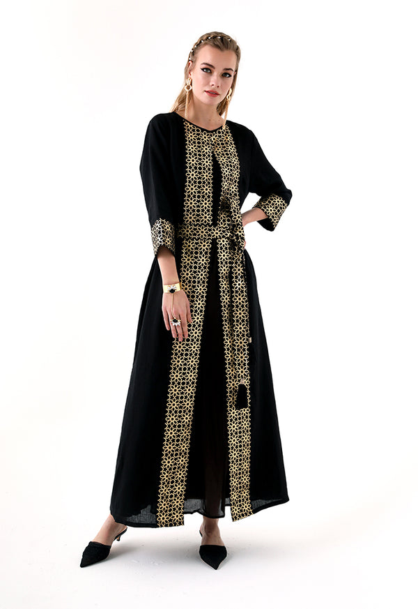 Choice Geometric Gold Print Abaya  Black - Wardrobe Fashion