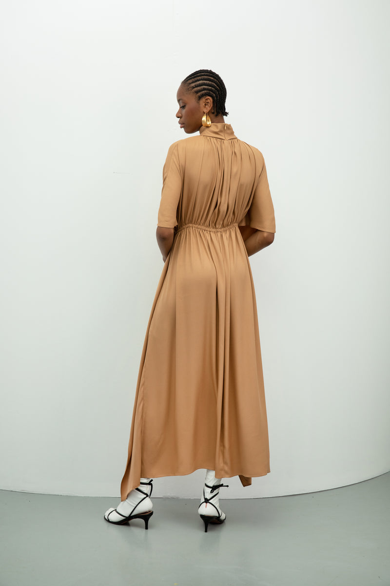 Baqa Detailed Sleeve Shirred Dress Camel