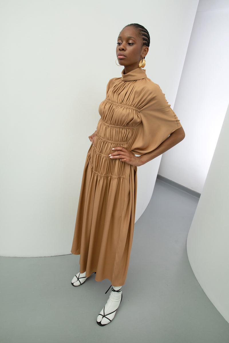 Baqa Detailed Sleeve Shirred Dress Camel