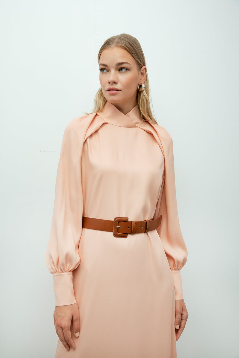 Baqa Collar Detail Belted Dress Powder