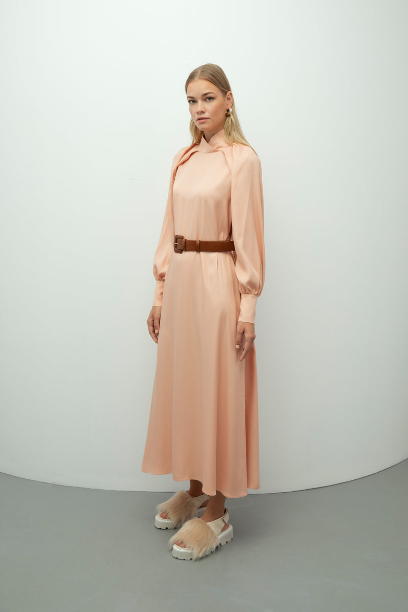 Baqa Collar Detail Belted Dress Powder