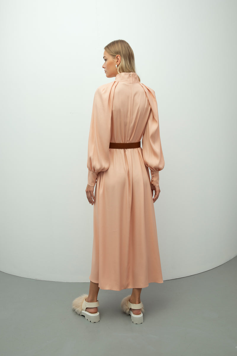 Baqa Collar Detail Belted Dress Powder