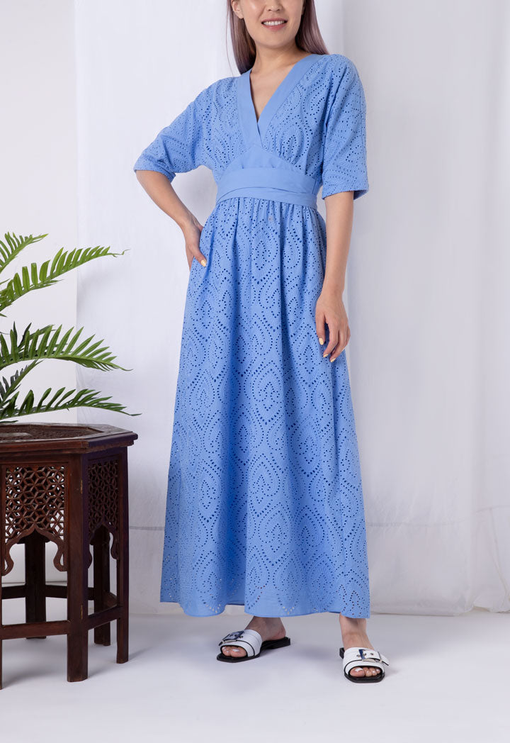 Choice V-Neck Schiffli Long Dress Blue - Wardrobe Fashion