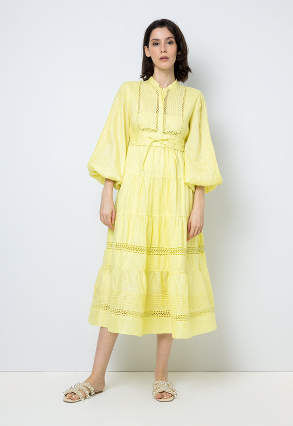 Choice Embroidered Detail Midi Dress Yellow