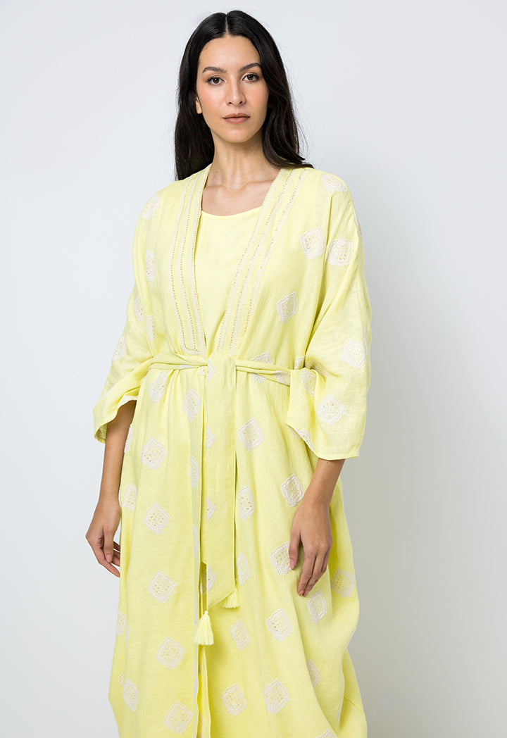 Choice Embroidered Sequins Kimono Sleeves Abaya Yellow