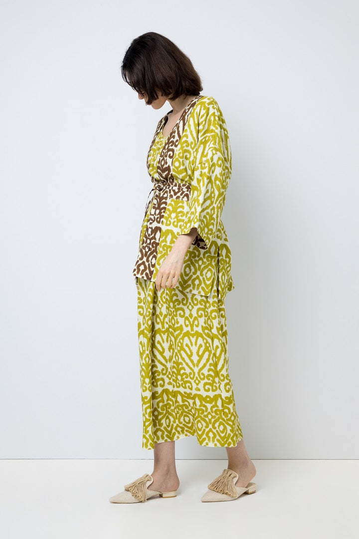 Choice Patterned Kimono Outerwear With Belt Lime