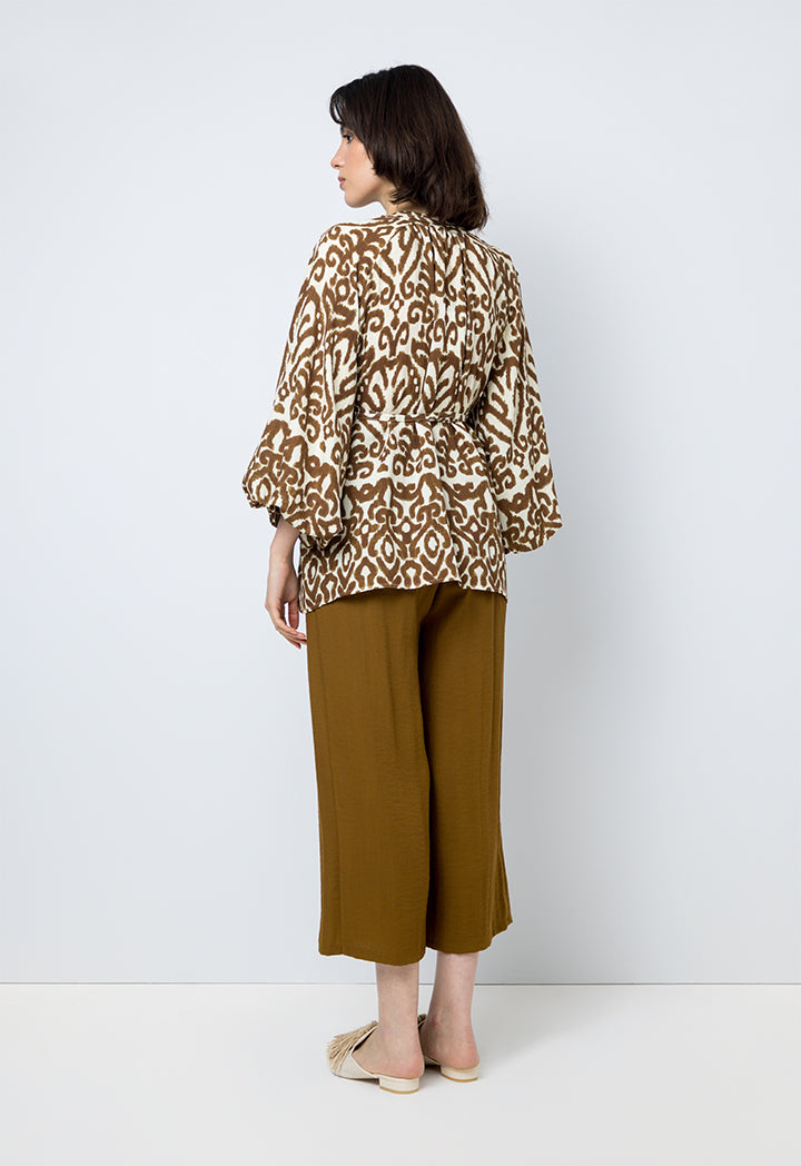 Choice Patterned Blouse With Chain Collar Brown