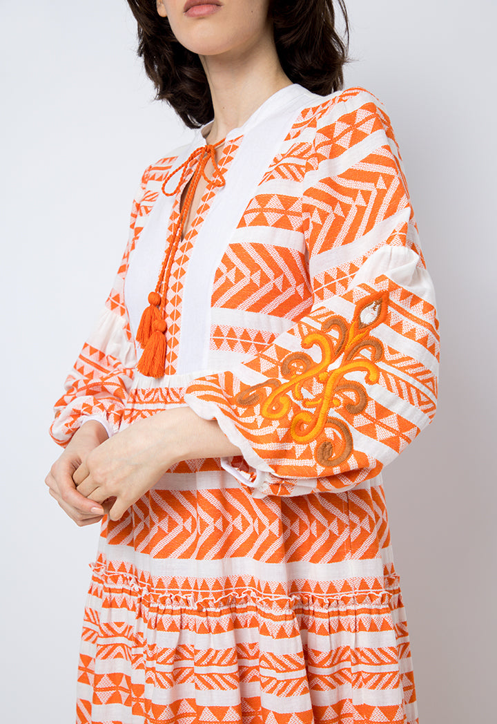 Choice Contrast Puff Long Sleeves Dress Orange