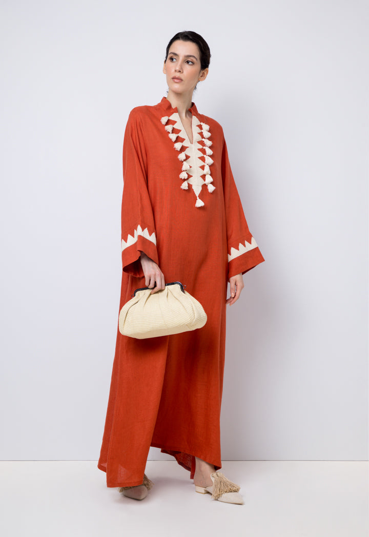 Choice Printed Embroidered Long Sleeve Maxi Dress Brick