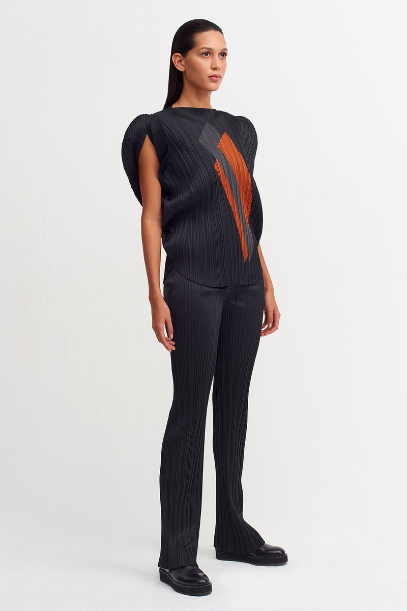 NU Colorblock Pleated Blouse Terracotta/Black