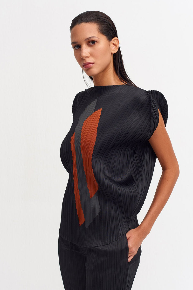 NU Colorblock Pleated Blouse Terracotta/Black