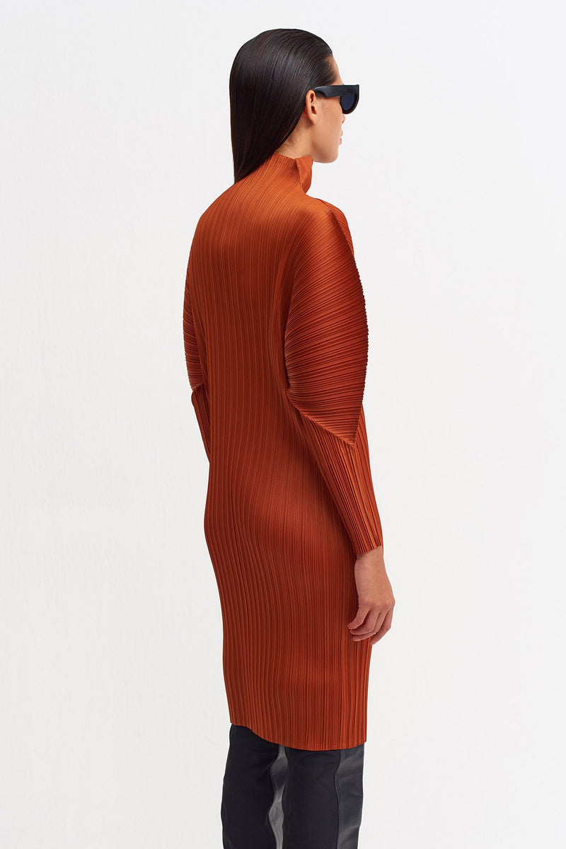 Nu Detailed Sleeve Pleated Dress Terra Cotta