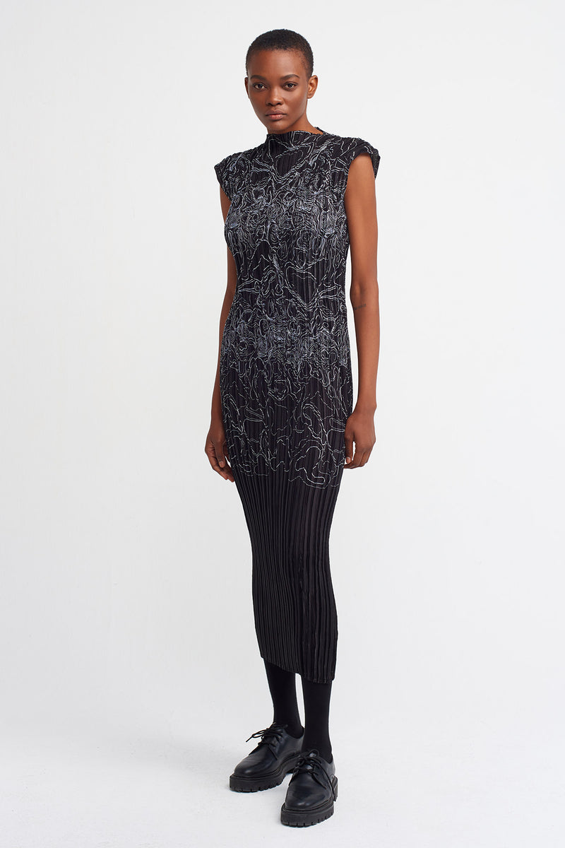 NU  Stitched Pattern Pleated Dress Black