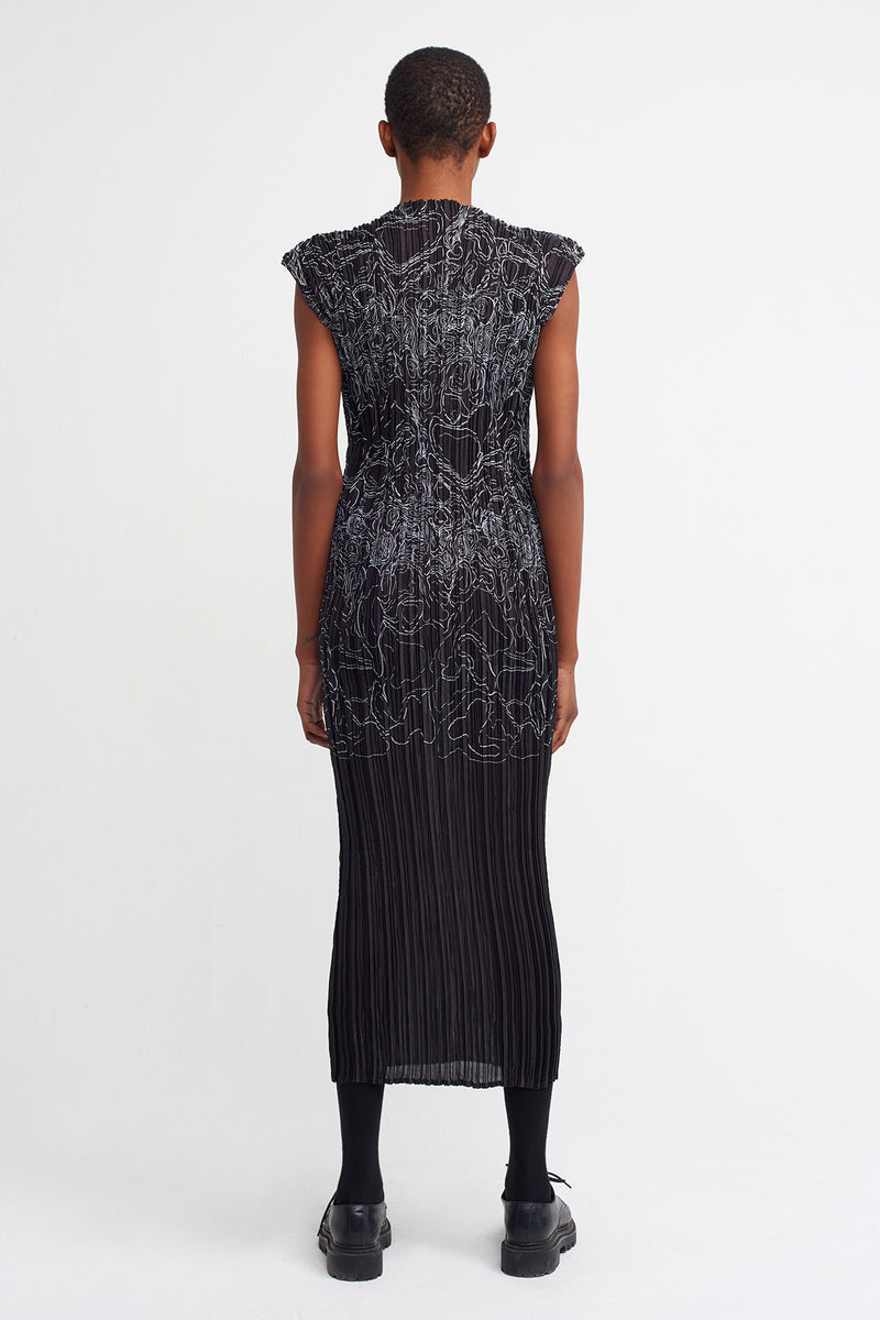 NU  Stitched Pattern Pleated Dress Black