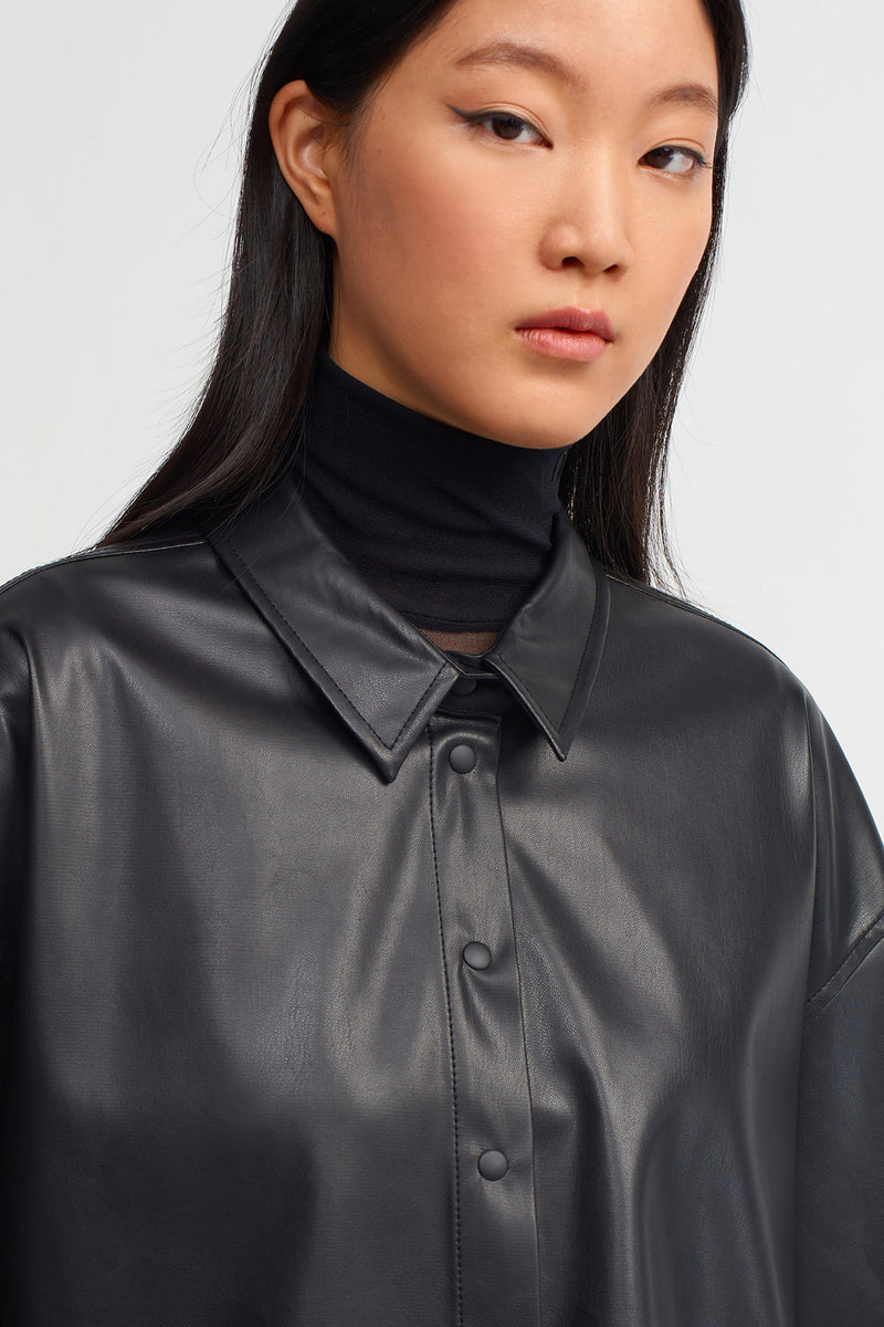 NU Solid Faux Leather Trendy Shirt Black