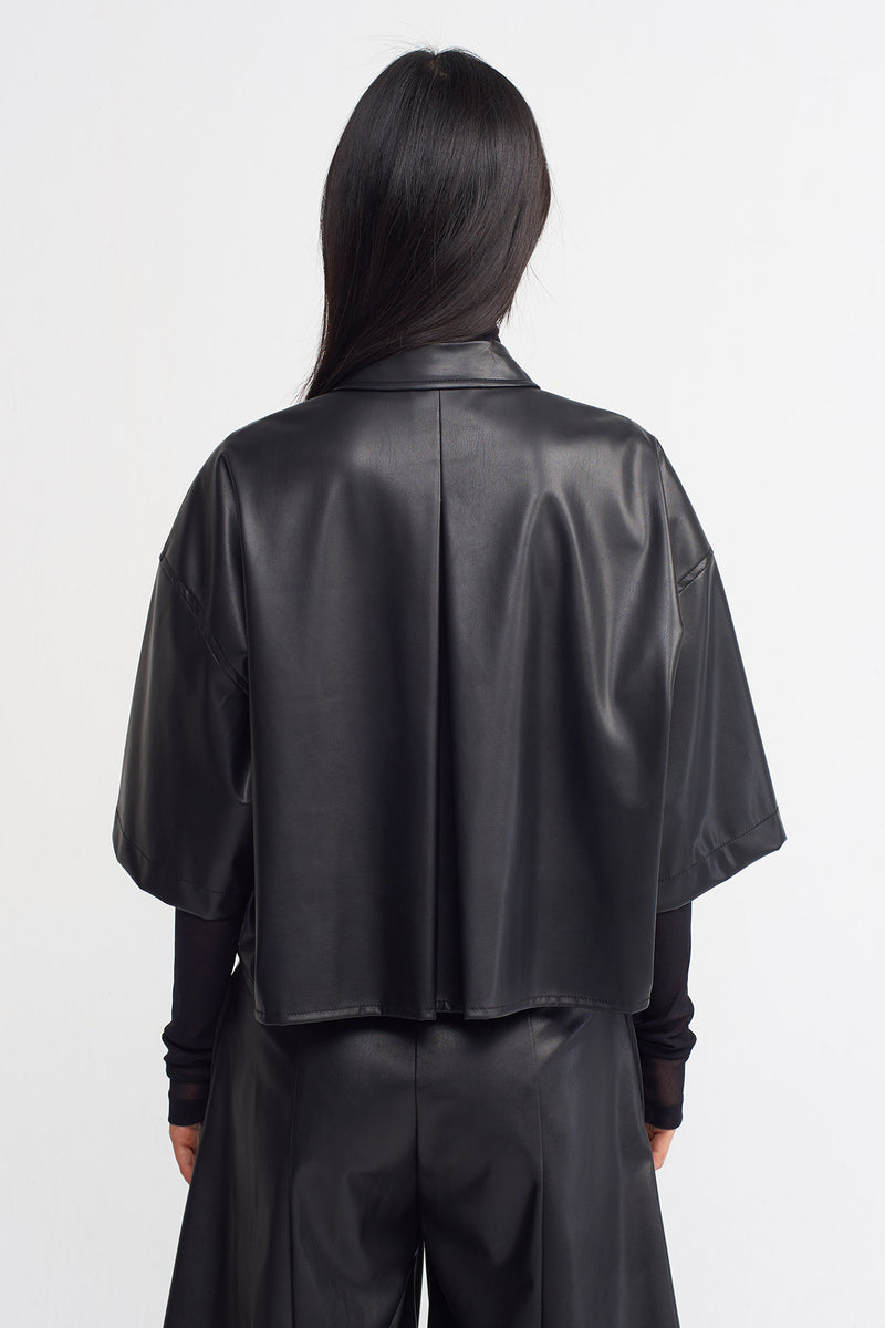 NU Solid Faux Leather Trendy Shirt Black