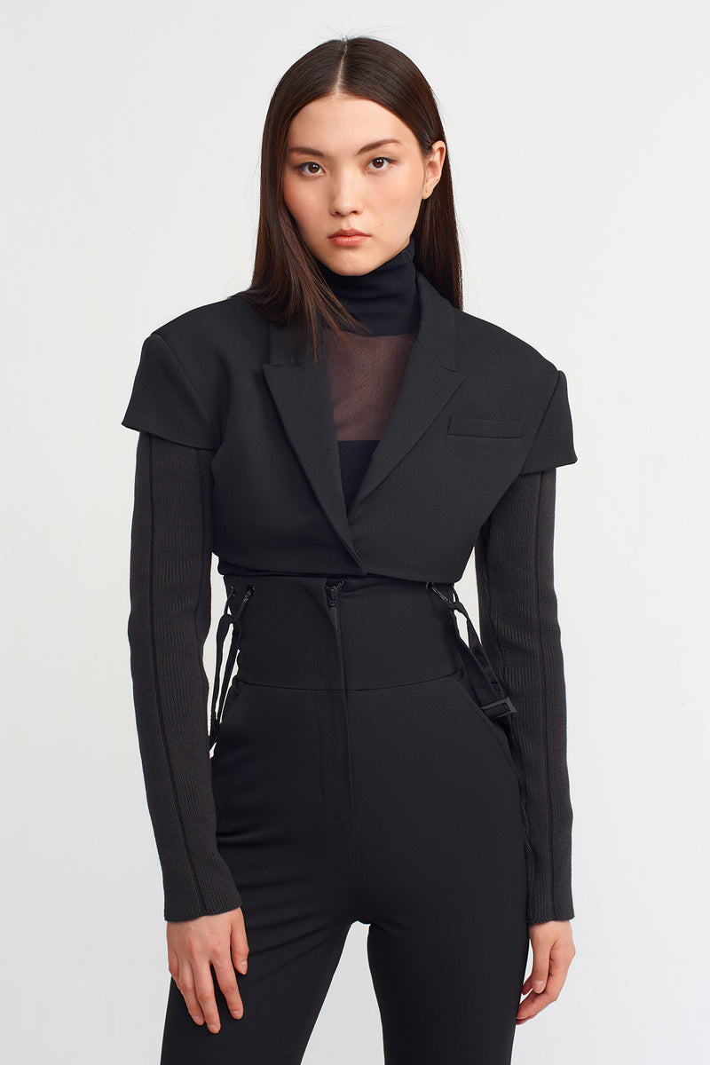 NU Knitted Sleeves Cropped Jacket Black