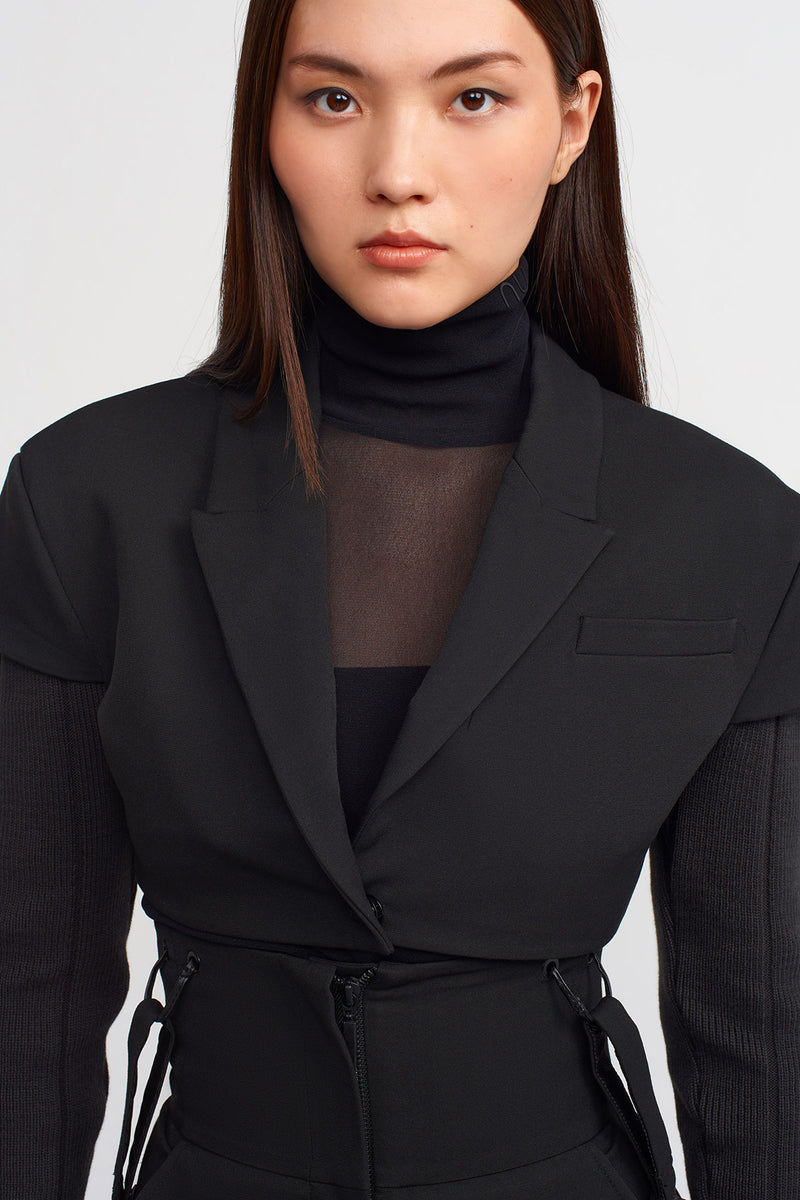 NU Knitted Sleeves Cropped Jacket Black