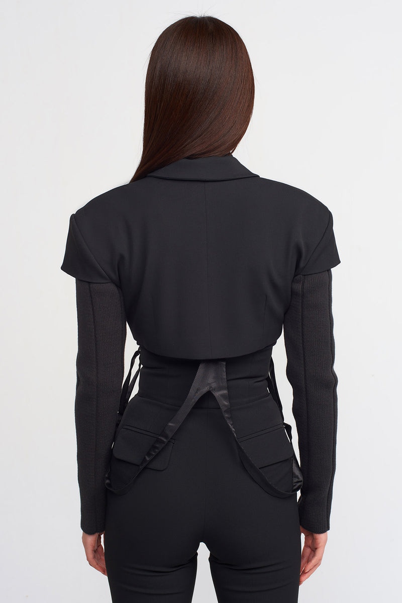 NU Knitted Sleeves Cropped Jacket Black