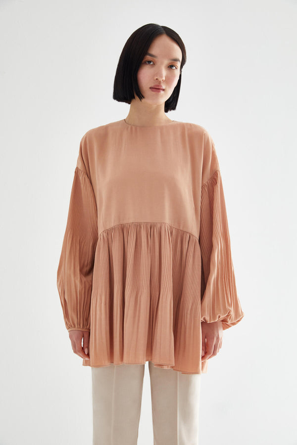 Kevsersarioglu Balloon Sleeve Pleated Blouse Beige