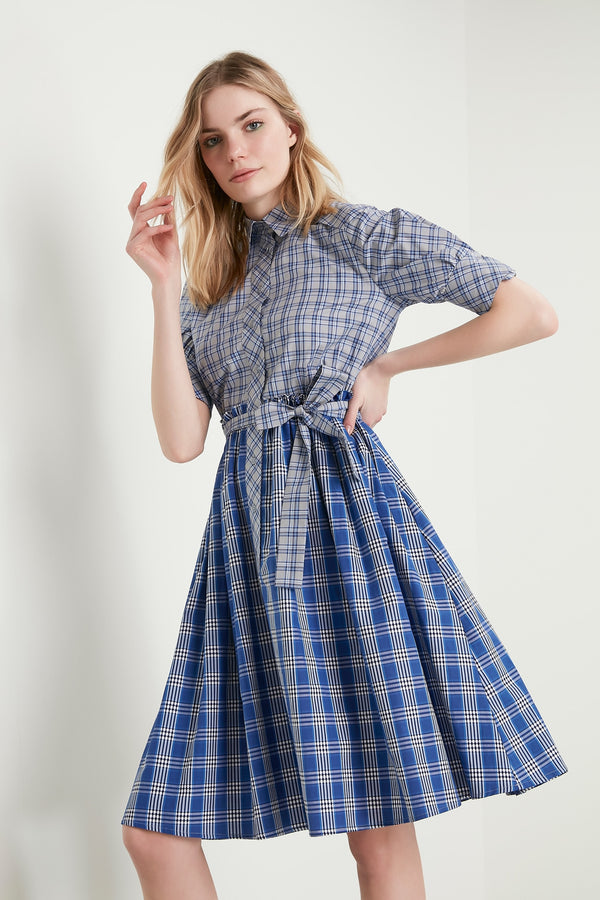 Machka Checkered Short Sleeve Belted A-Line Short Shirt Dress Cobalt