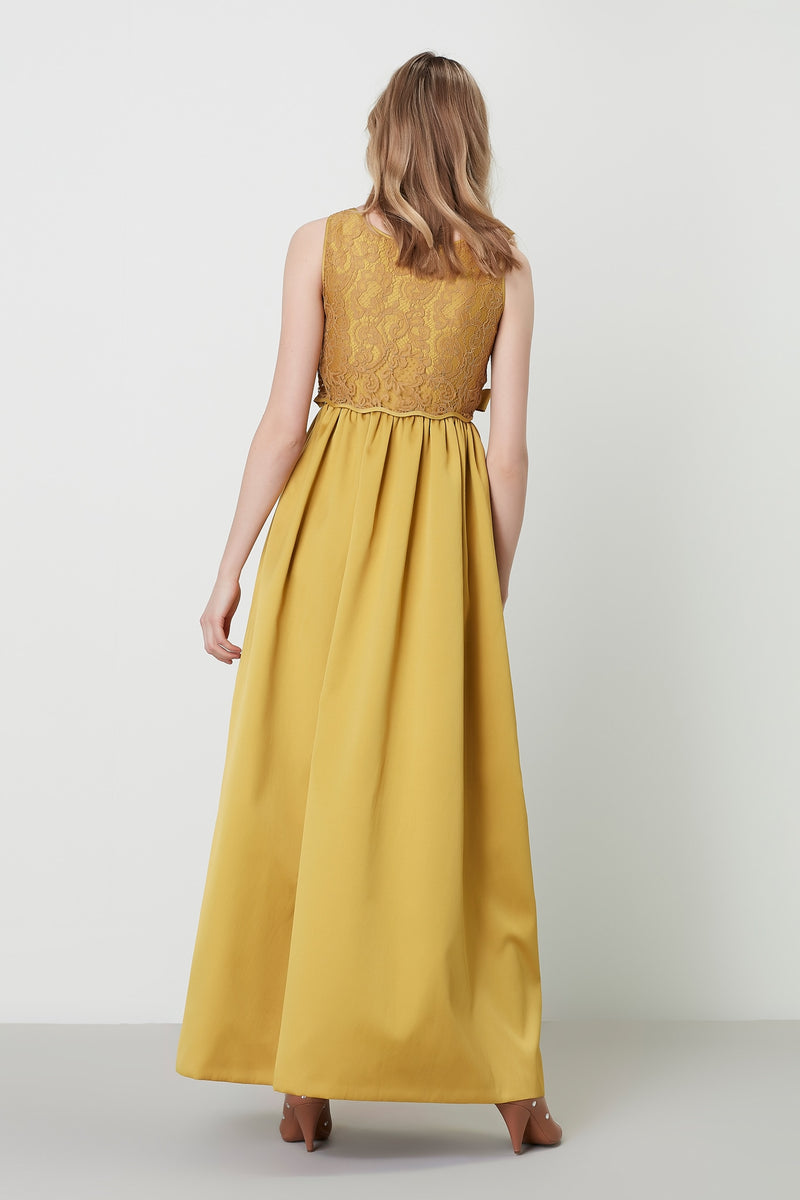 Machka Sleeveless Bow-Front Lace Detail A-Line Long Dress Mustard