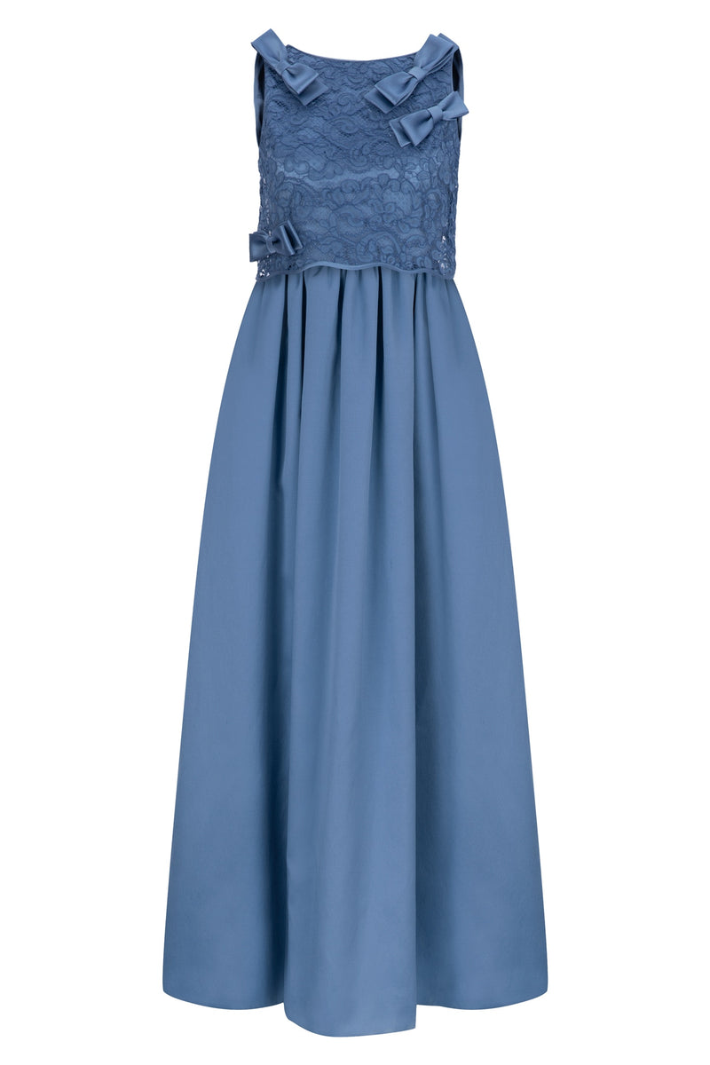 Machka Sleeveless Bow-Front Lace Detail A-Line Long Dress Blue