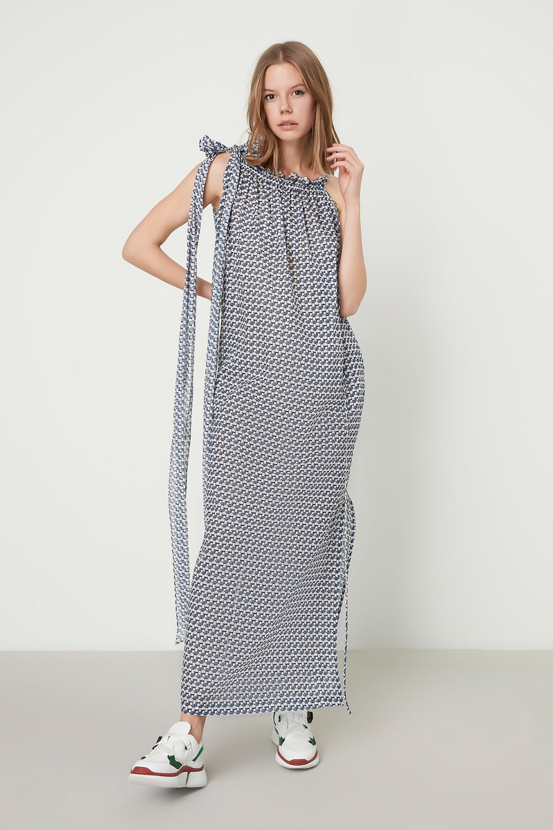 Machka Printed Sleeveless Tie Neck Shift Long Dress Cobalt