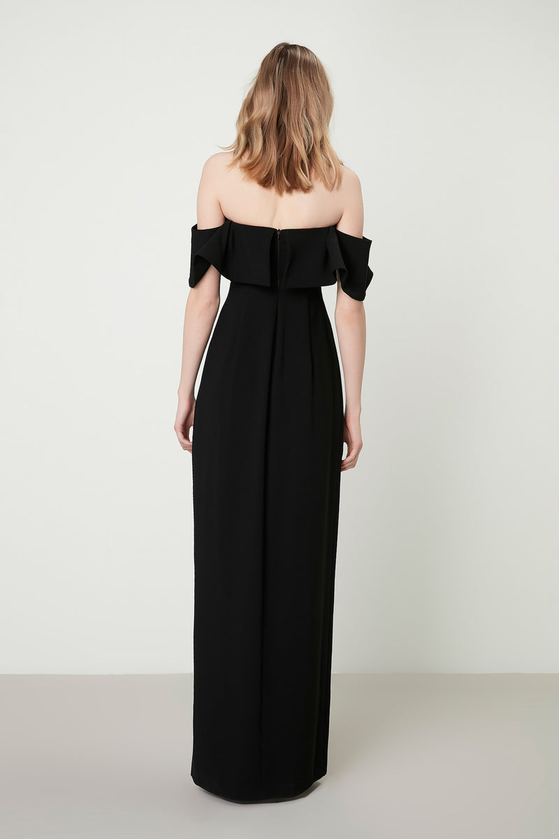 Machka Off Shoulder Bow-Front A-Line Long Dress Black