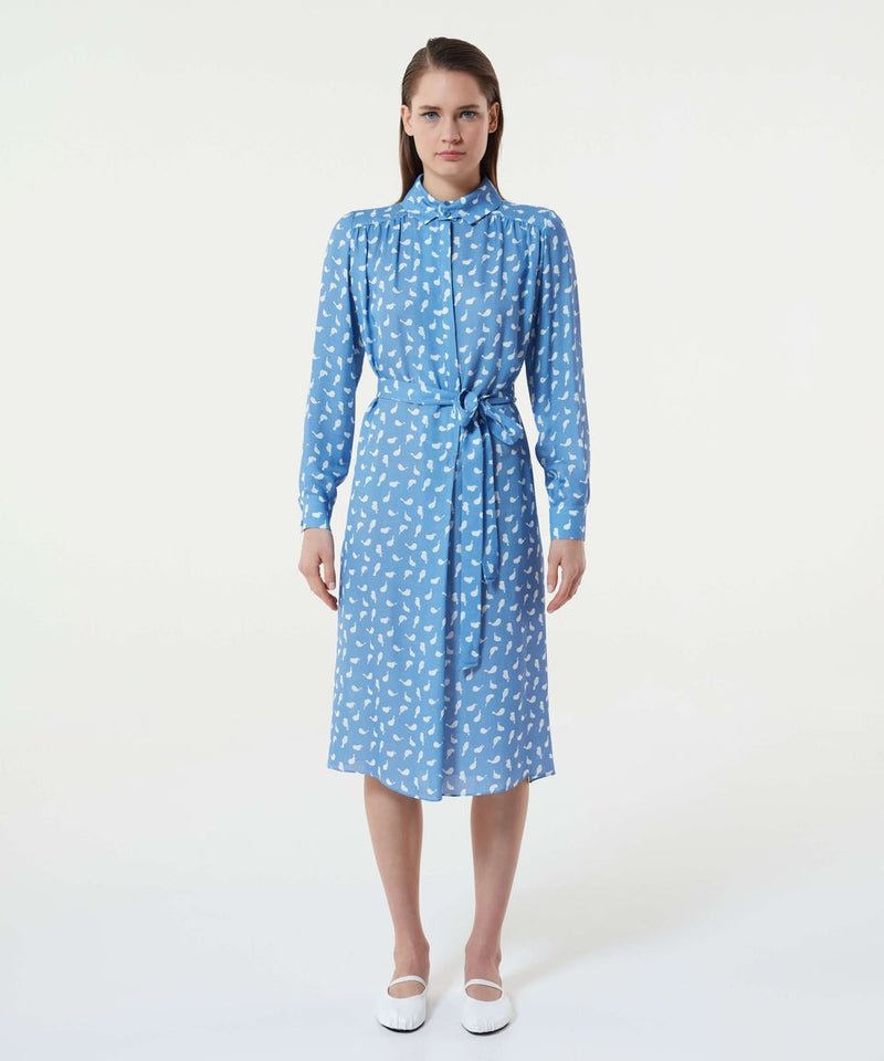 Machka Bird Pattern Belted Dress Sky Blue