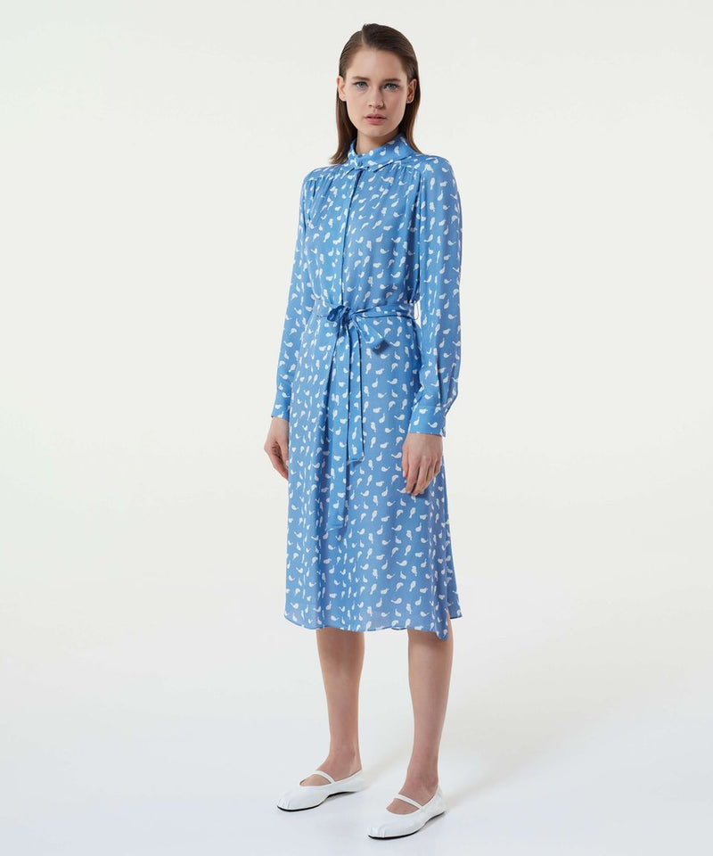 Machka Bird Pattern Belted Dress Sky Blue