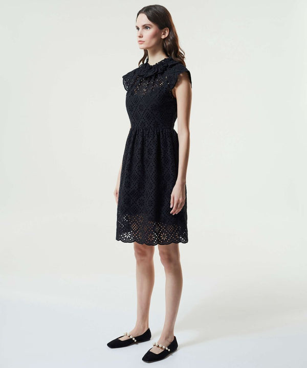 Machka Ruffle Collar Embroidered Dress Black